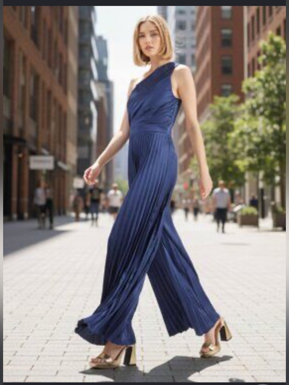 Abercrombie & Fitch NWT One-Shoulder Pleated Wide-Leg Jumpsuit in Navy - Picture 2 of 14